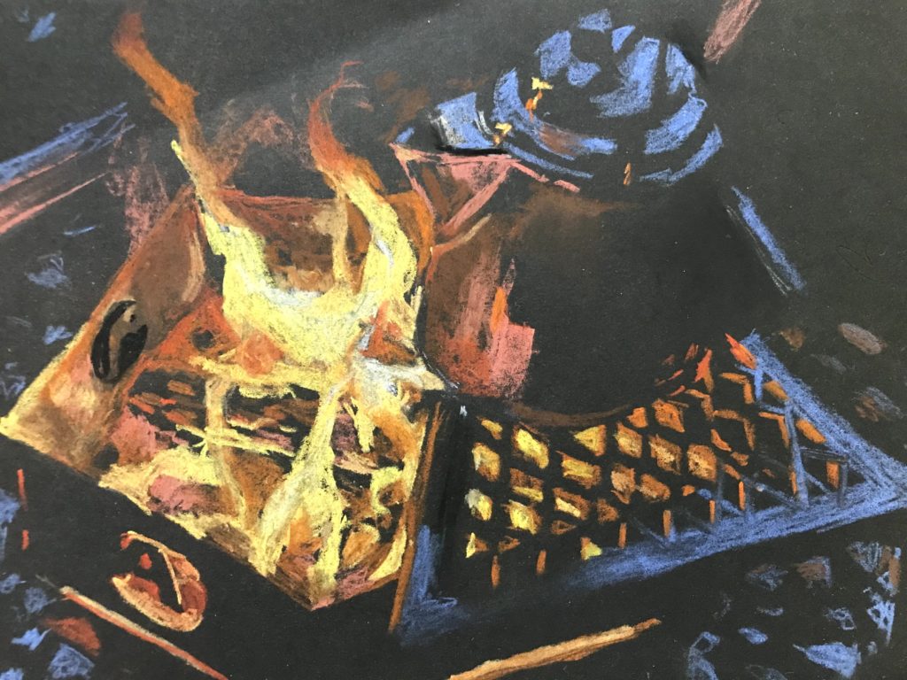 焚き火のパステル画